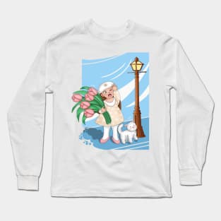 Girl carrying tulips against a strong wind Long Sleeve T-Shirt